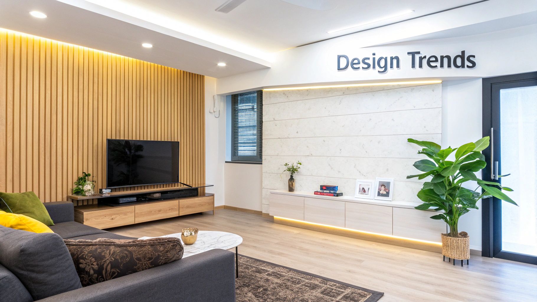 Modern living room with a wooden slatted TV feature wall and a stone-textured wall.