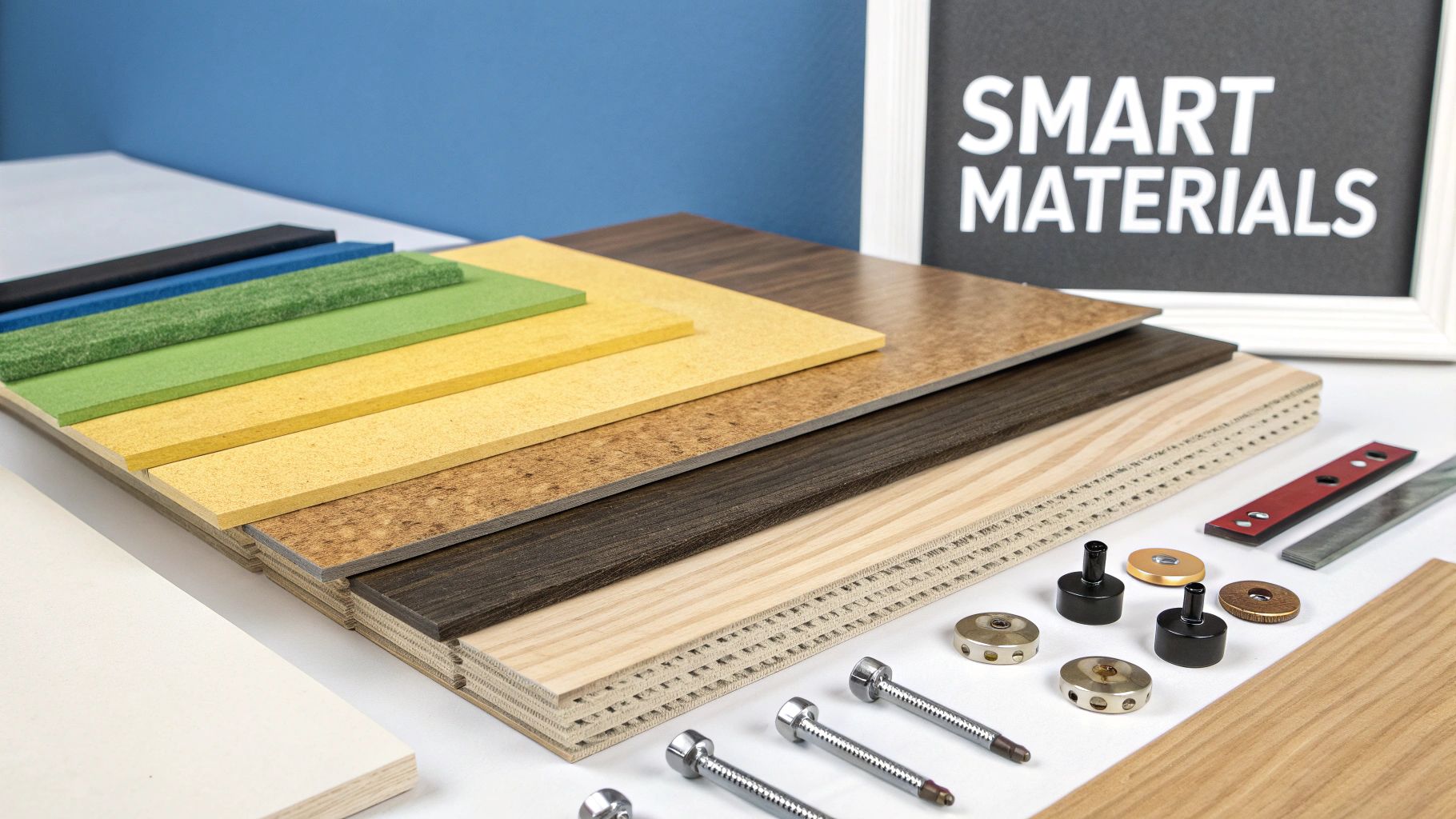A close-up of different material samples for built in wardrobes, showing laminate, veneer, and plywood textures.
