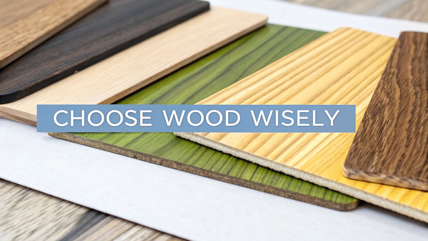 Close-up of diverse wood and laminate samples in various colors and grains, with text 'CHOOSE WOOD WISELY'.
