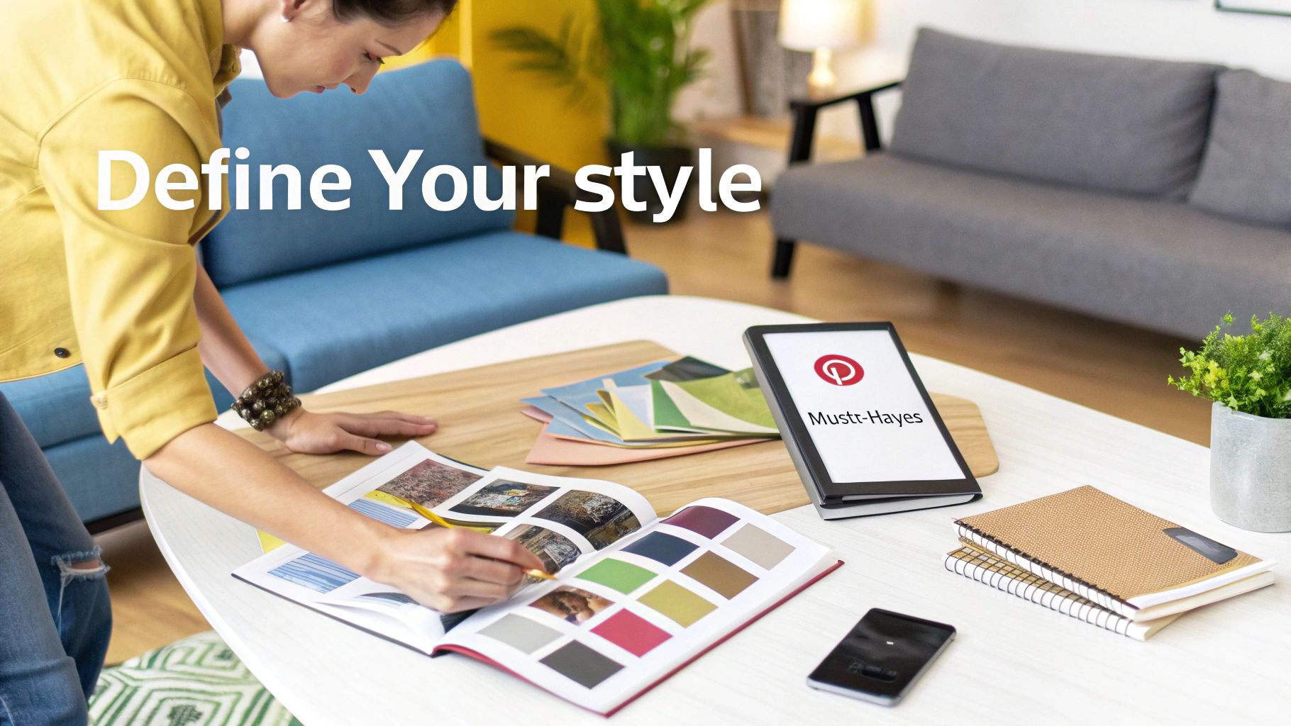 A person in a yellow jacket defines their style using a color palette book and a tablet.