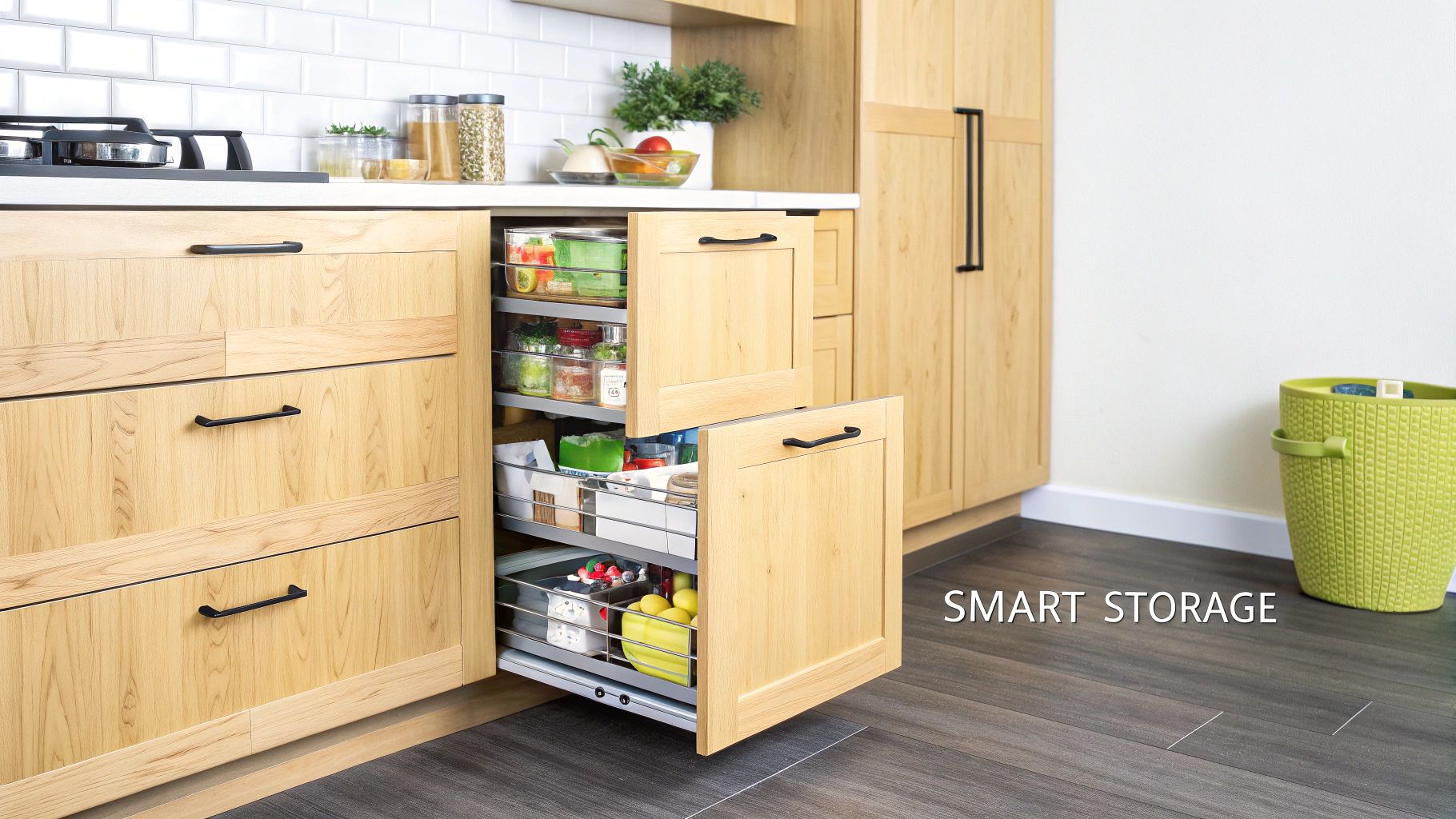 Modern kitchen featuring light wooden cabinets, white countertop, and smart pull-out pantry organizers.