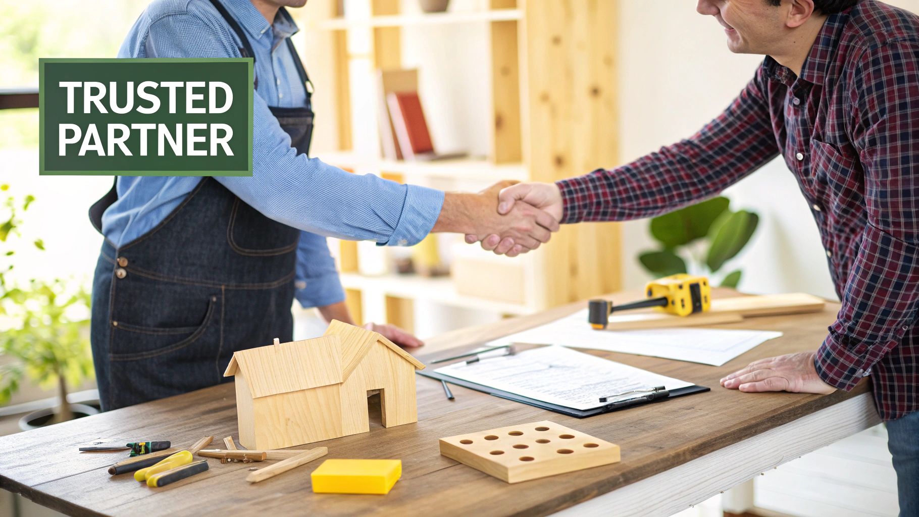 Two men, a craftsman and a client, shaking hands over a wooden house model, symbolizing a trusted partnership.