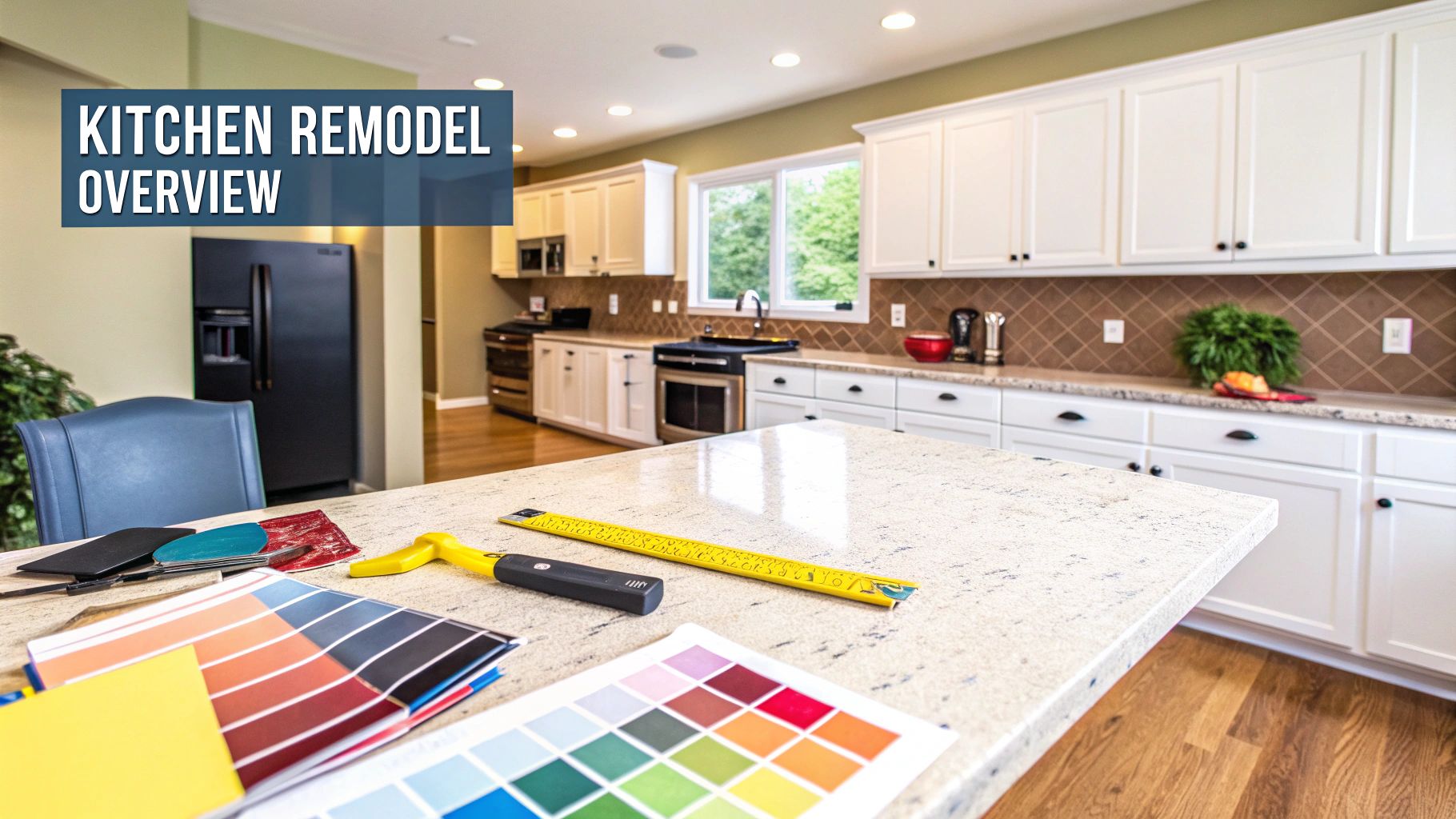Modern kitchen with light wood cabinetry and white countertops.