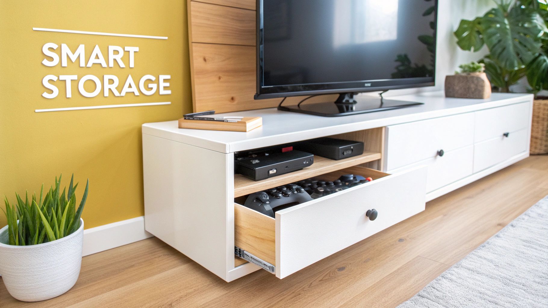 A modern white TV console with an open drawer showing game controllers, against a yellow 'SMART STORAGE' wall.