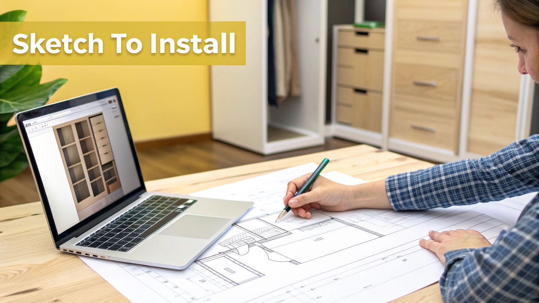 Person designing a built-in wardrobe, working on blueprints with a laptop displaying a 3D model.