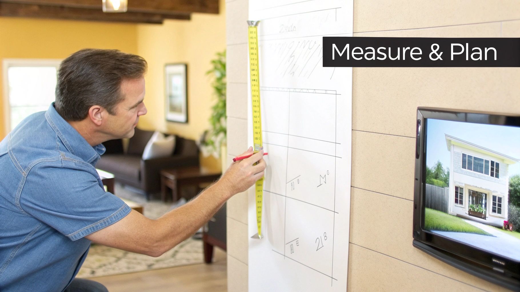 A man uses a tape measure and pen to mark a large sheet of paper on a wall, actively planning.
