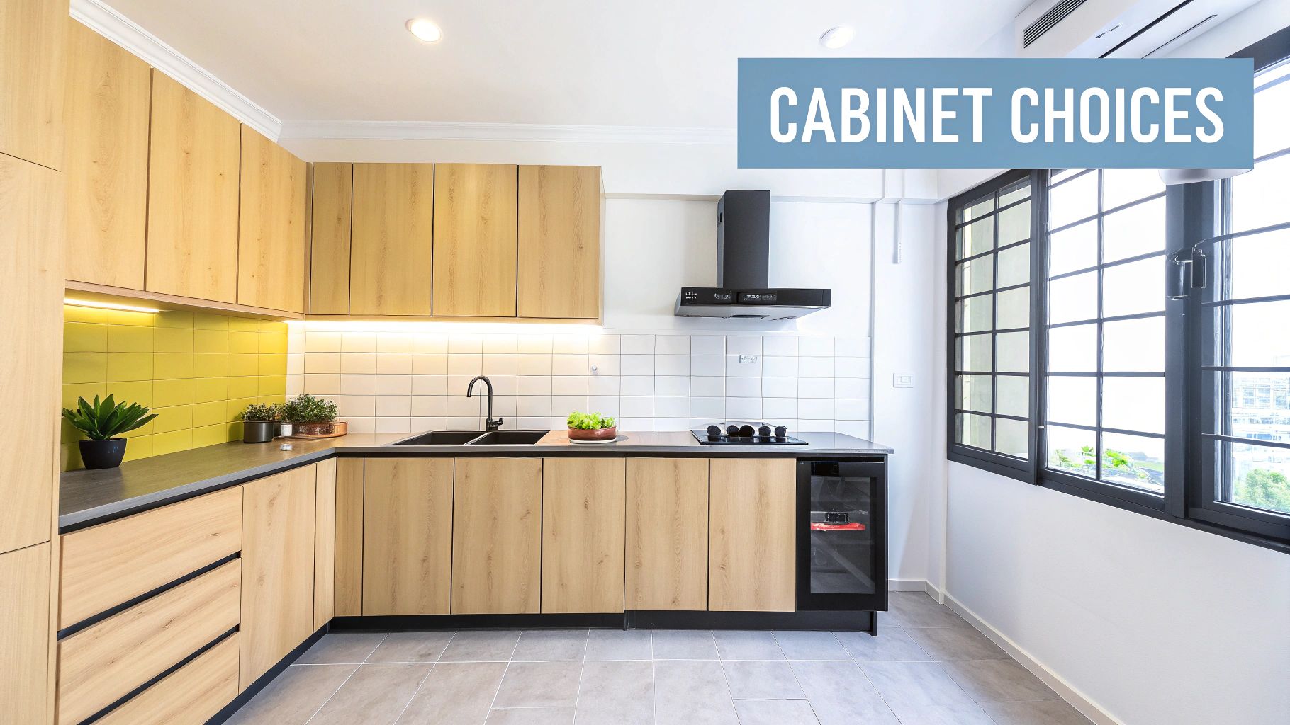 A modern, well-lit kitchen with sleek wooden cabinets and a marble countertop.