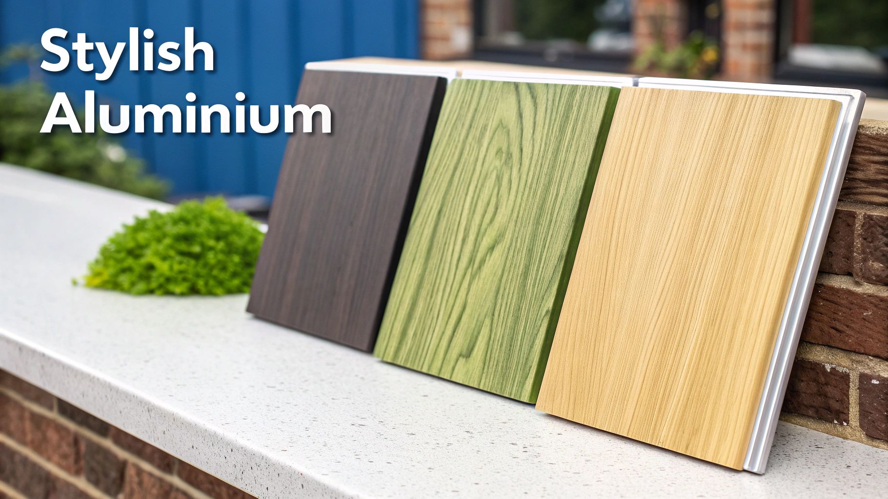 A stylish kitchen featuring aluminium cabinets with a realistic wood-grain finish, paired with a sleek quartz countertop.