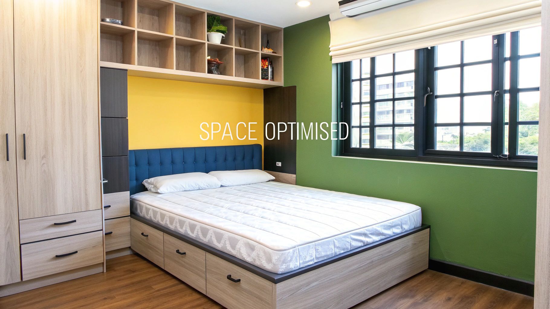 A modern bedroom with a blue headboard, wooden bed frame with drawers, and wall-mounted shelves.