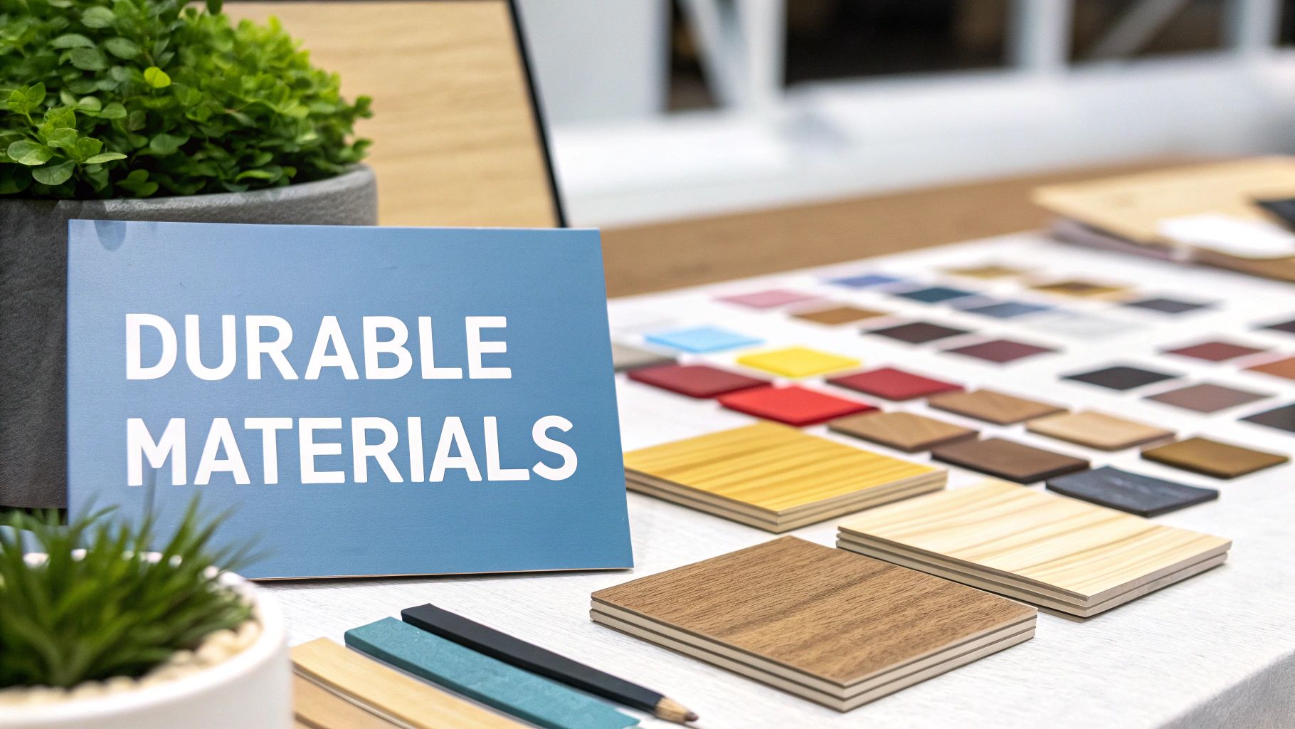 A display of durable material samples, including wood and colored swatches, on a table.