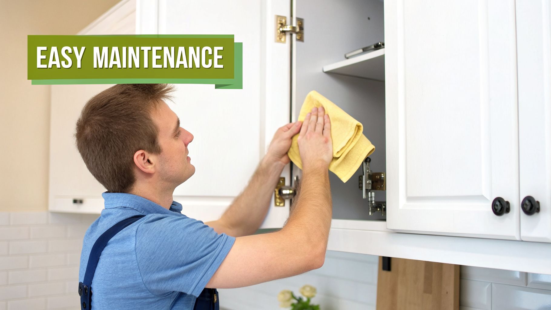 A man in a blue shirt is diligently cleaning white kitchen cabinets with a yellow cloth.