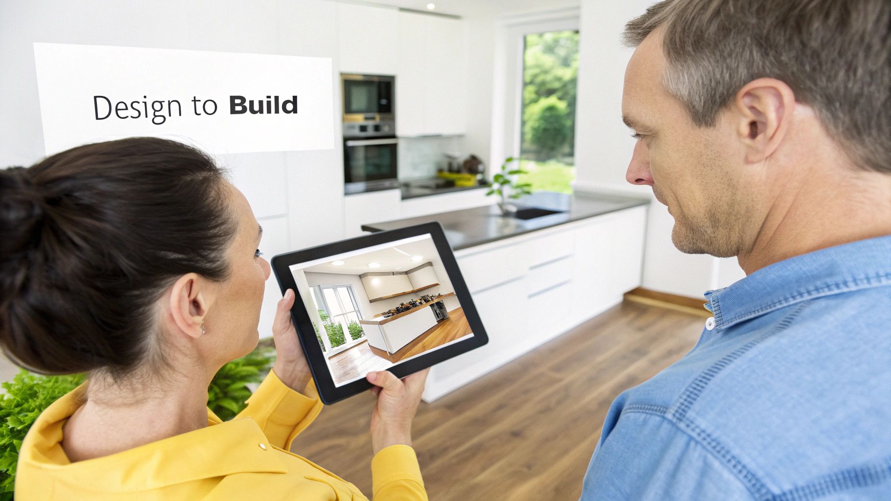 A couple reviews a modern kitchen design on a tablet in their home.
