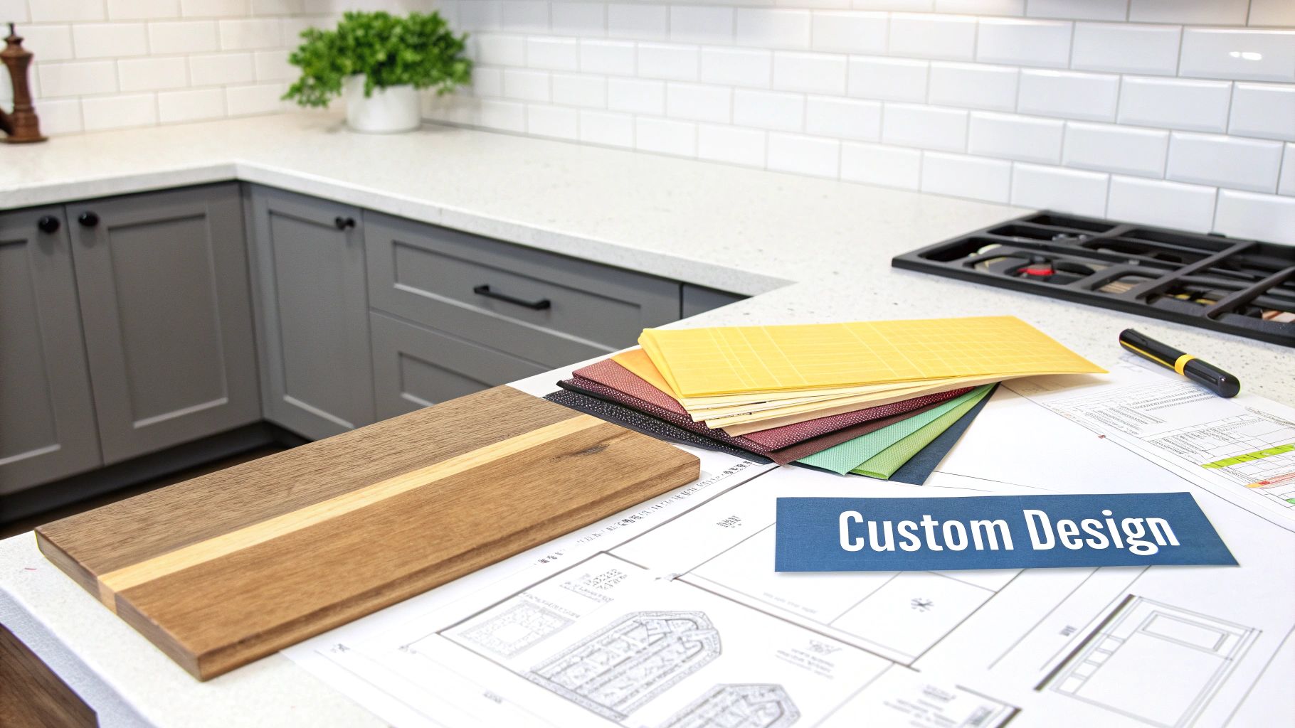 Kitchen renovation material samples including wood flooring and color swatches with custom design label