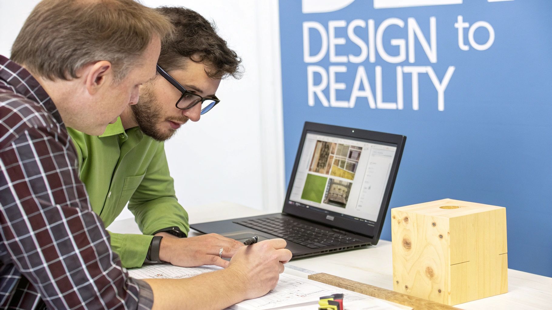 Two men collaborate on product design, reviewing laptop images and physical blueprints with a wooden block.