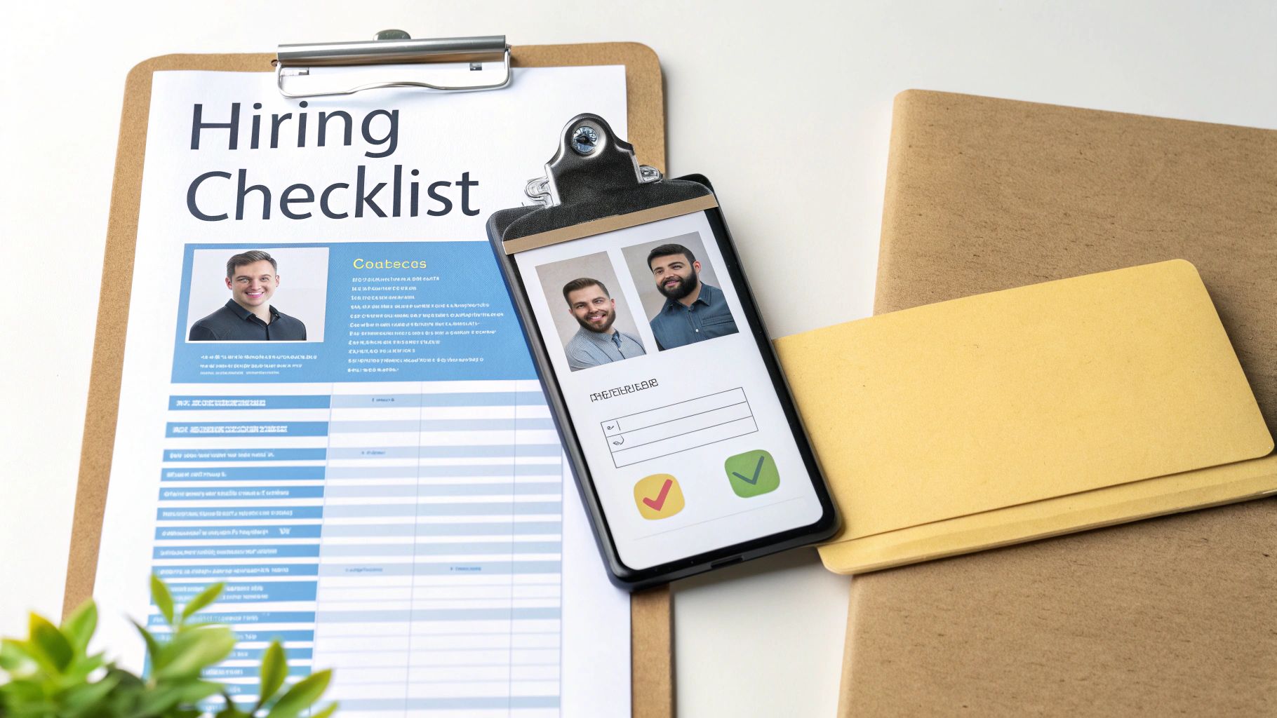 A hiring checklist document, a smartphone displaying two candidate photos, and brown folders on a white desk.
