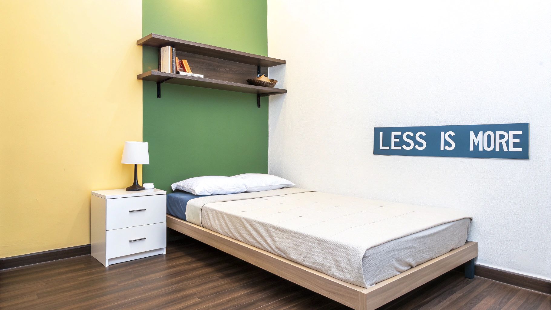 A minimalist small bedroom featuring a single bed, a white nightstand, and a 'LESS IS MORE' sign.