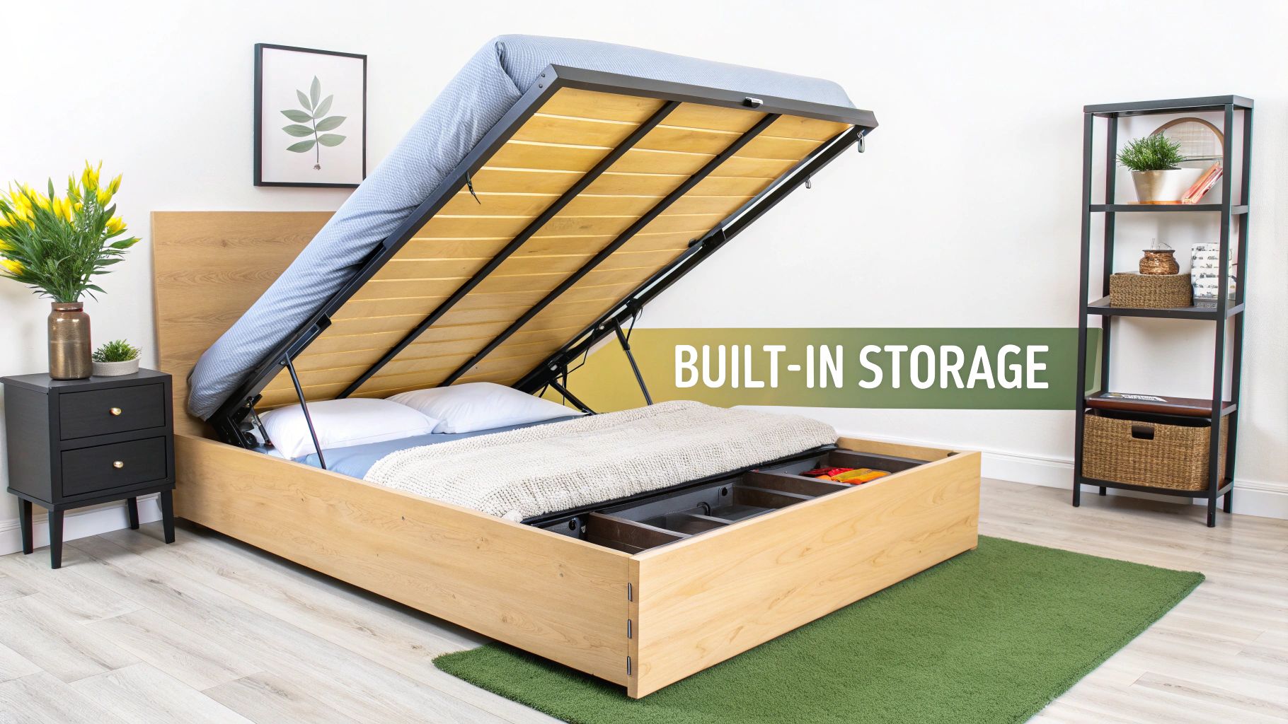 A light wood bed frame with a lifted mattress revealing spacious built-in storage compartments underneath.