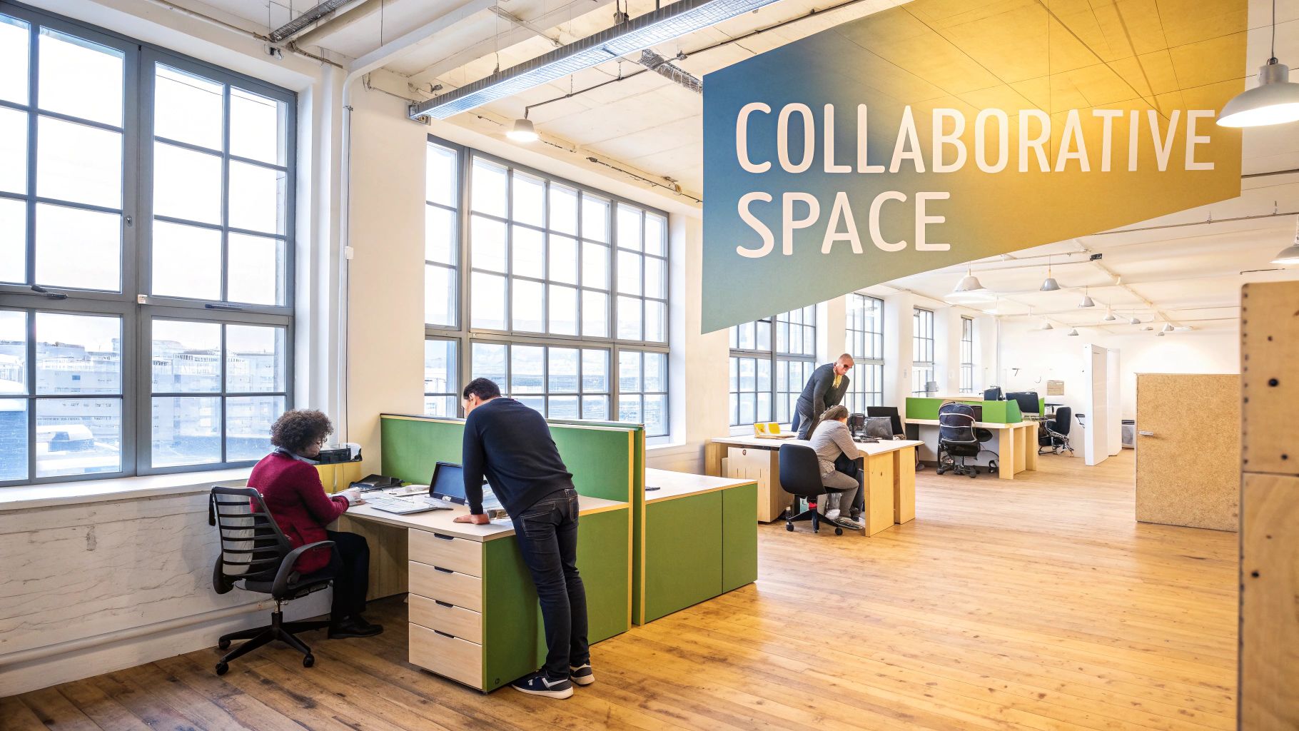 An open-plan collaborative office space with people working at desks and large windows.