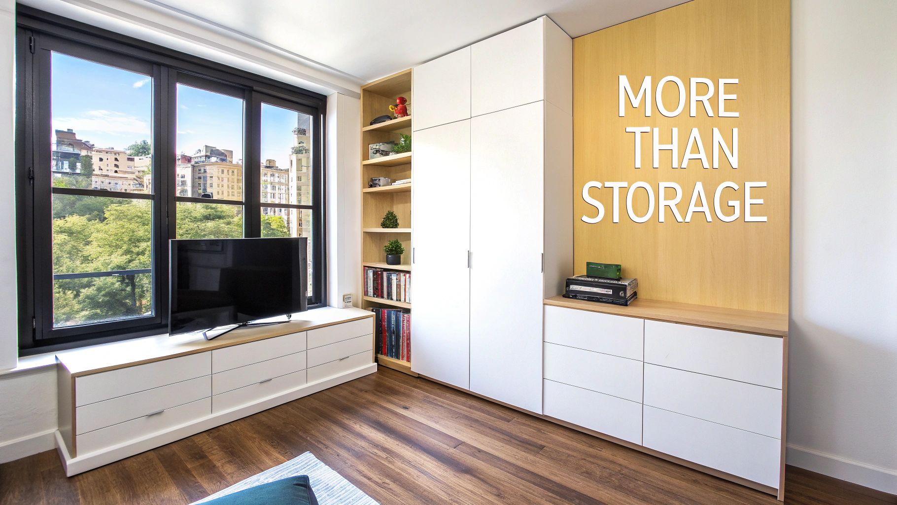 Modern living room featuring white built-in cabinets, wooden shelves, and a TV next to a large window.