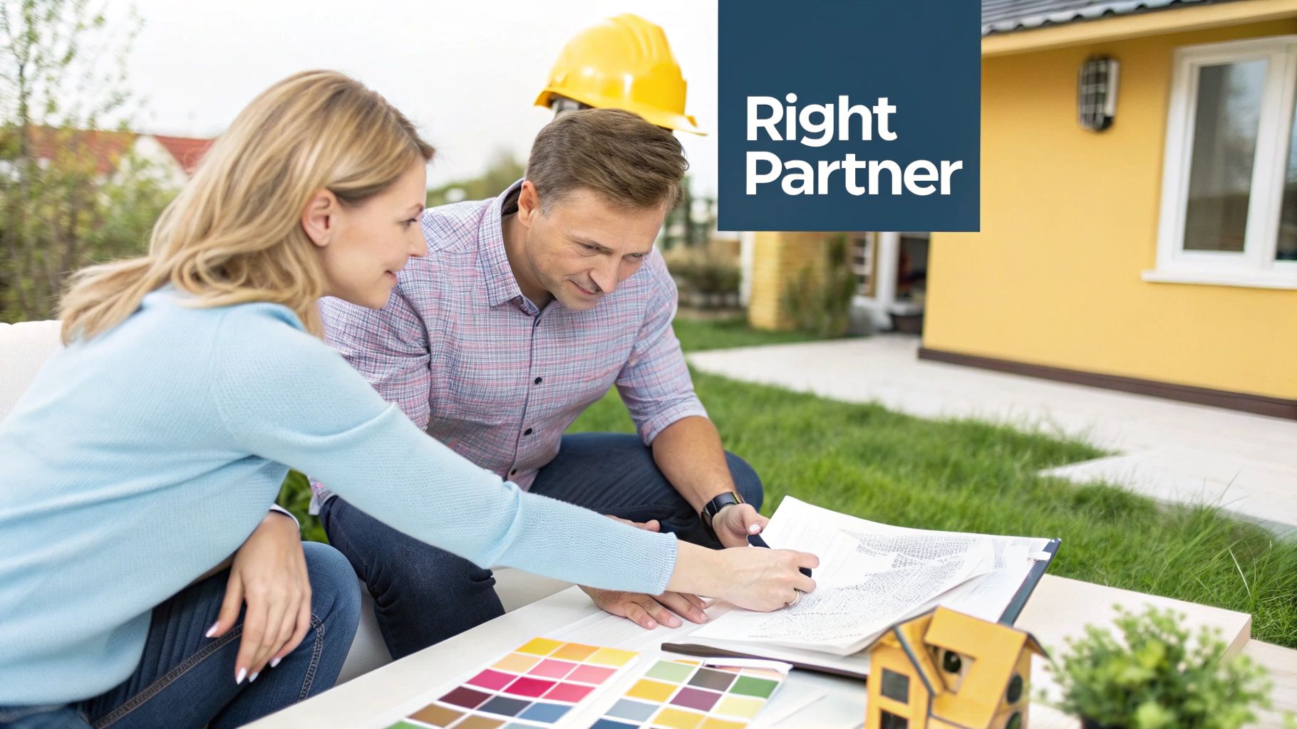 A man and woman review renovation plans and color samples with a house in the background.