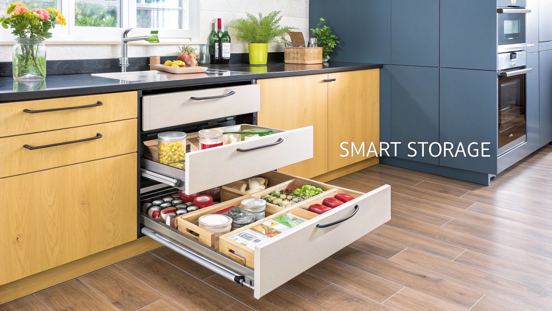 A modern kitchen showcasing clever storage solutions like a pull-out pantry and drawer organizers.