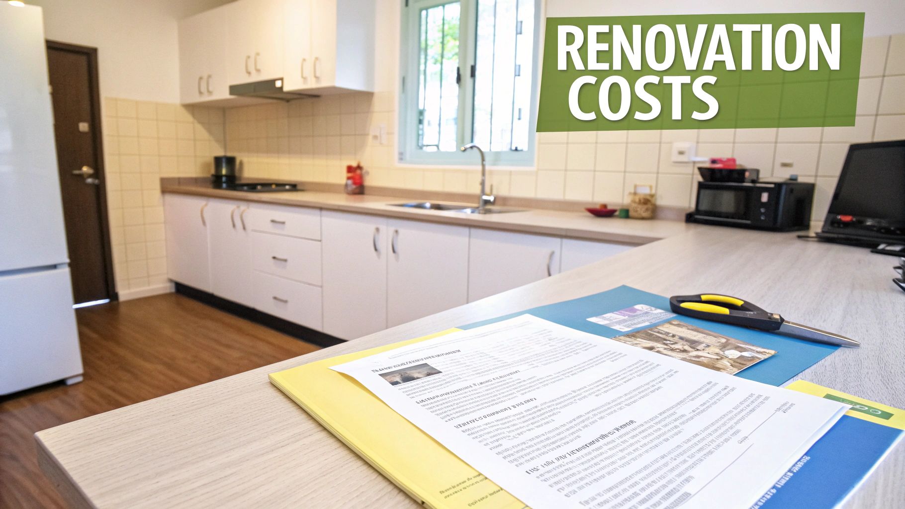 A modern kitchen interior featuring white cabinets and a countertop, with documents on 'RENOVATION COSTS'.