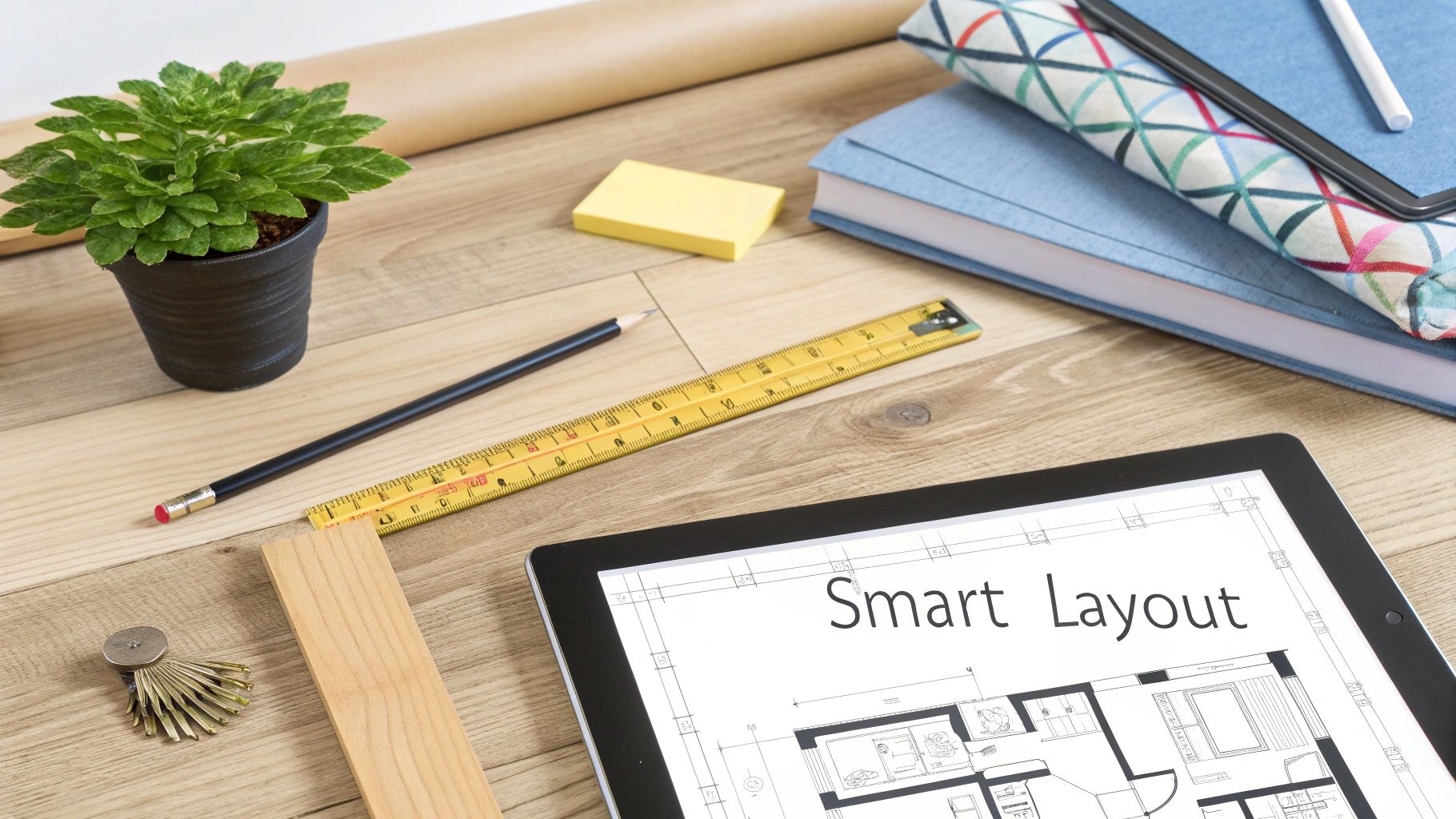 Drafting table with tablet showing "Smart Layout" floor plan, tools, books, and a potted plant.