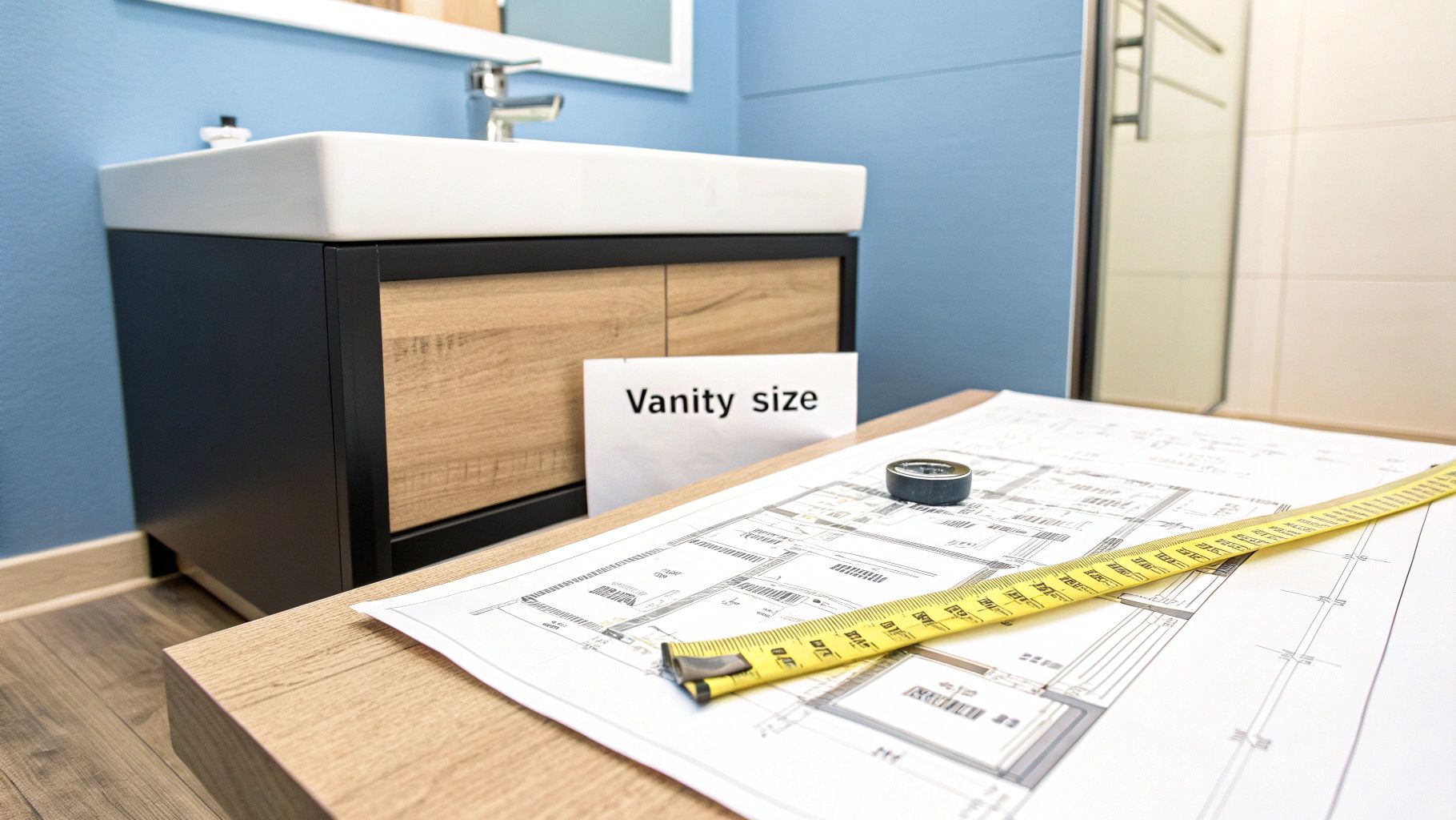 A well-proportionsed bathroom vanity in a modern Singaporean condo, showcasing smart use of space.