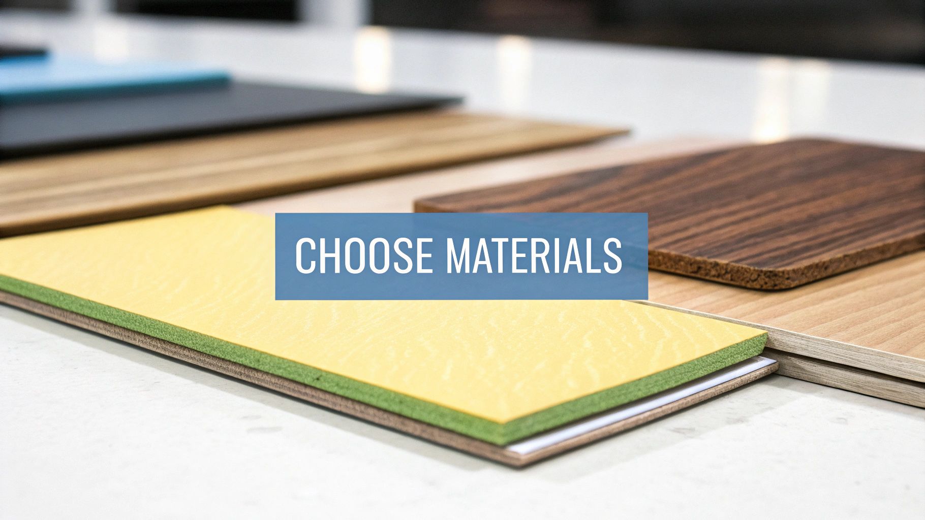 A close-up of various material samples, including different wood finishes, a yellow textured sheet, and a green layer.
