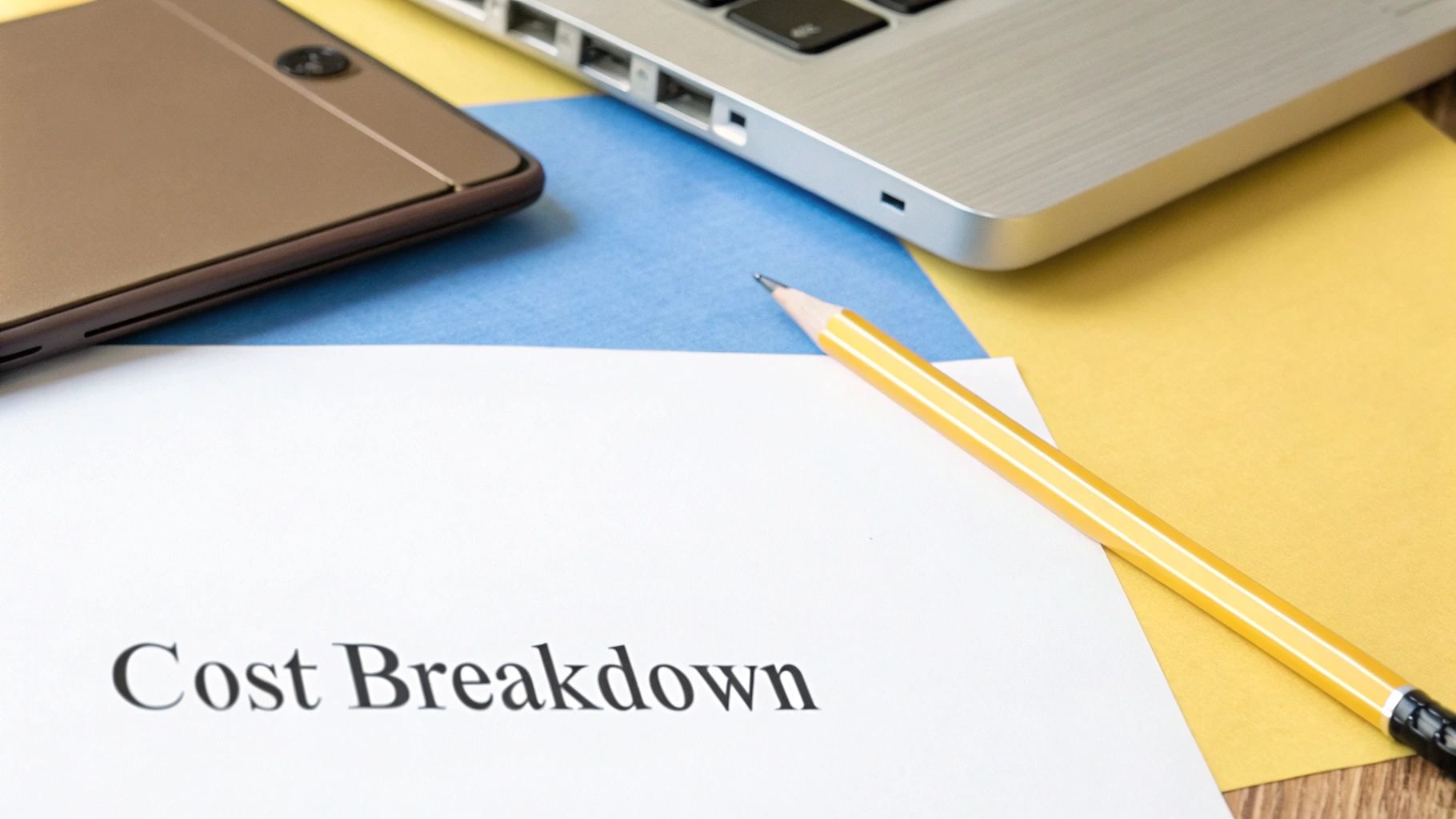 Close-up of a 'Cost Breakdown' document, pencil, smartphone, and laptop on a blue and yellow desk.