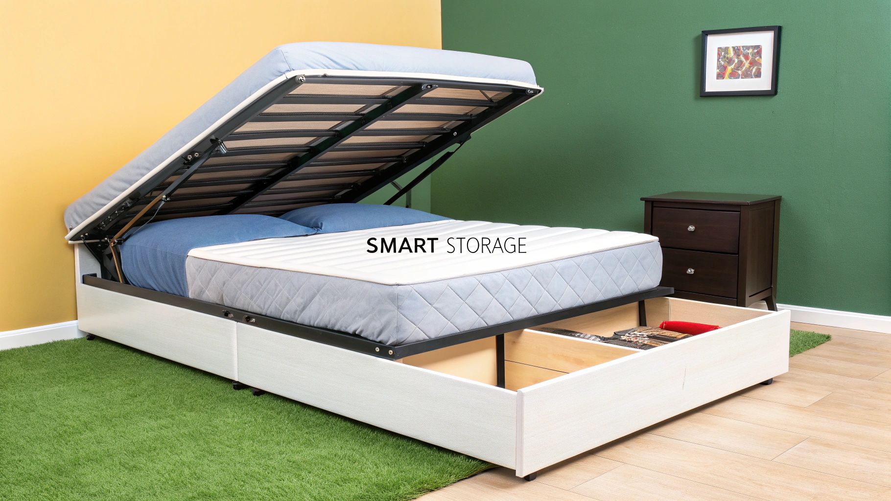 A light-colored storage bed with an elevated mattress revealing internal space and pull-out drawers.