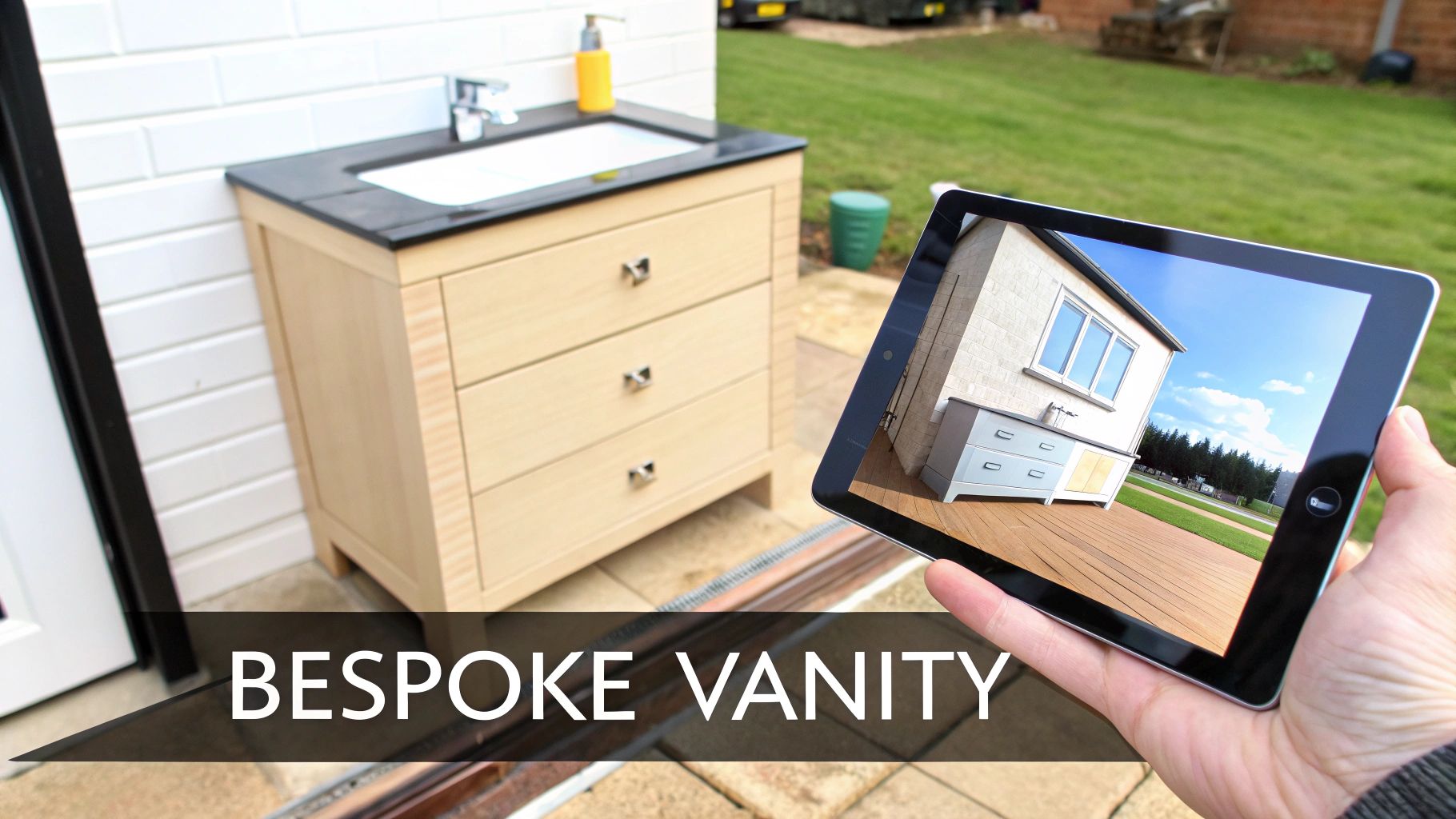 Augmented reality showing a bespoke wooden vanity cabinet with sink and drawers outdoors on a patio.