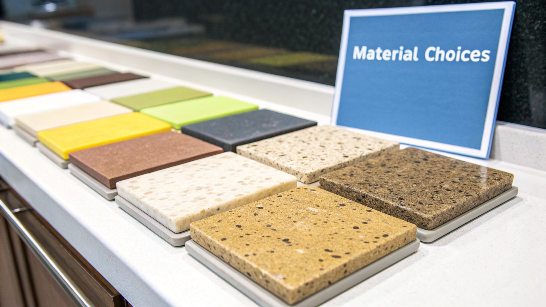 A close-up of a kitchen countertop with a stylish backsplash, showcasing material choices.
