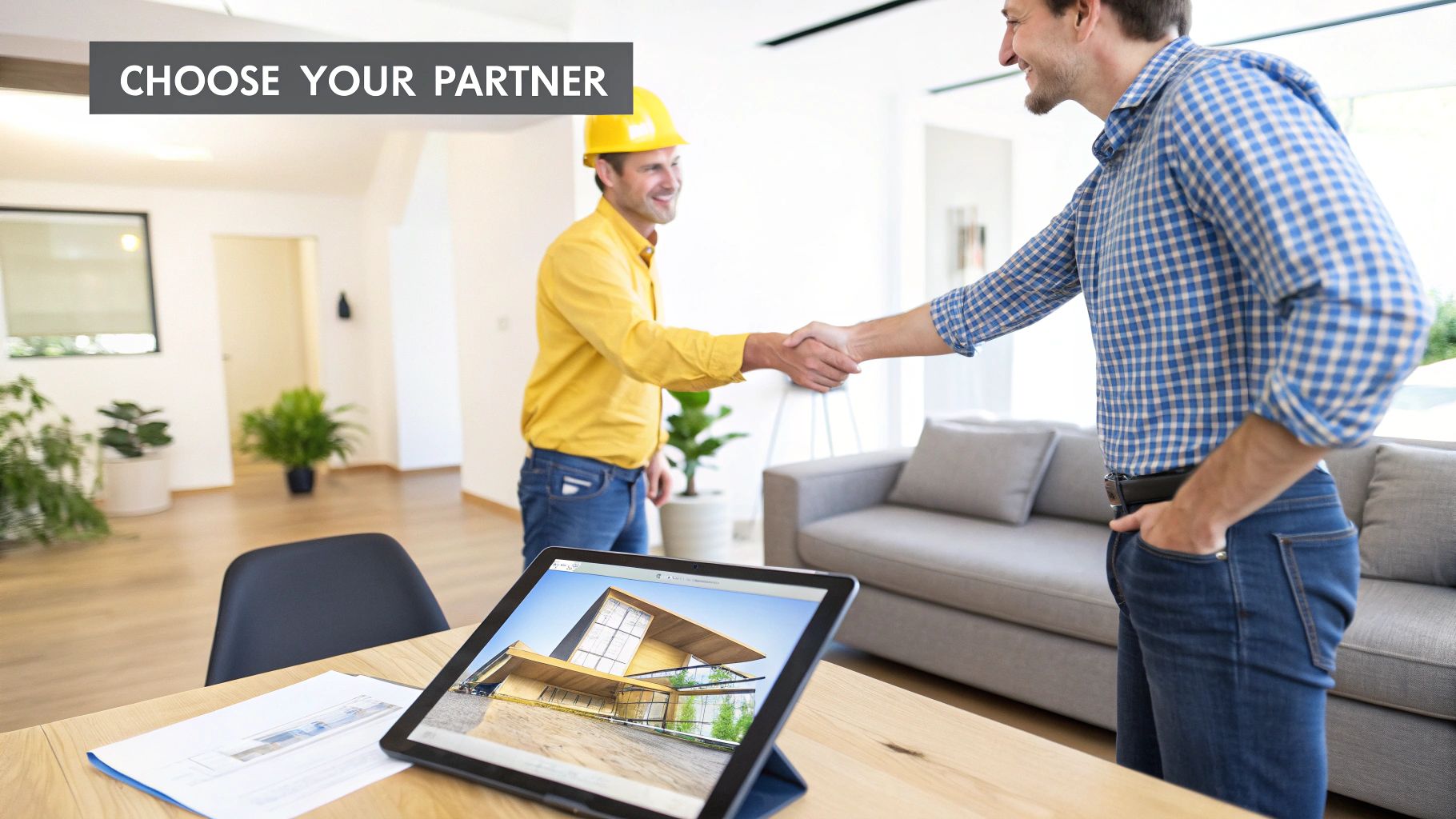 Construction worker and client shaking hands, with a tablet displaying a modern home design.