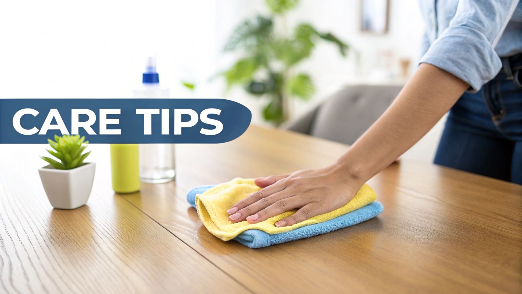 A person cleaning a wooden table with yellow and blue microfiber cloths, with 'CARE TIPS' overlay.