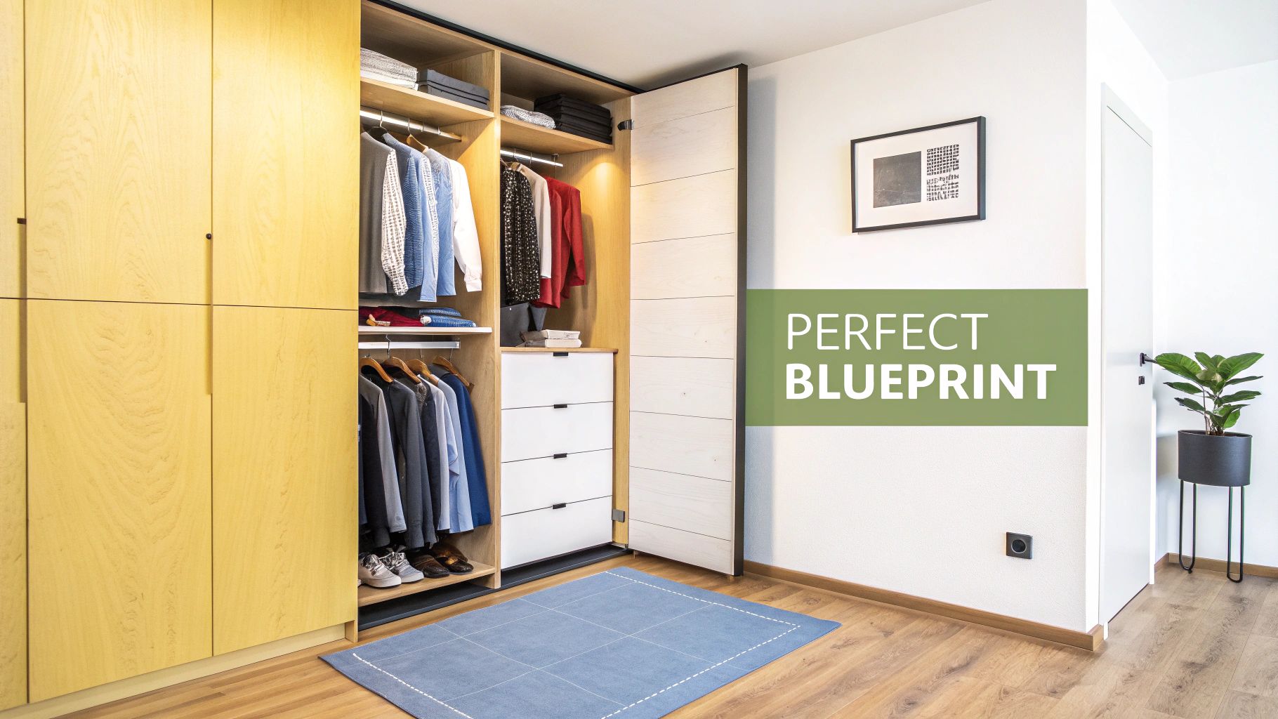 A modern, light wood built-in wardrobe with open compartments showing clothes, shoes, and drawers, next to a white wall with artwork.