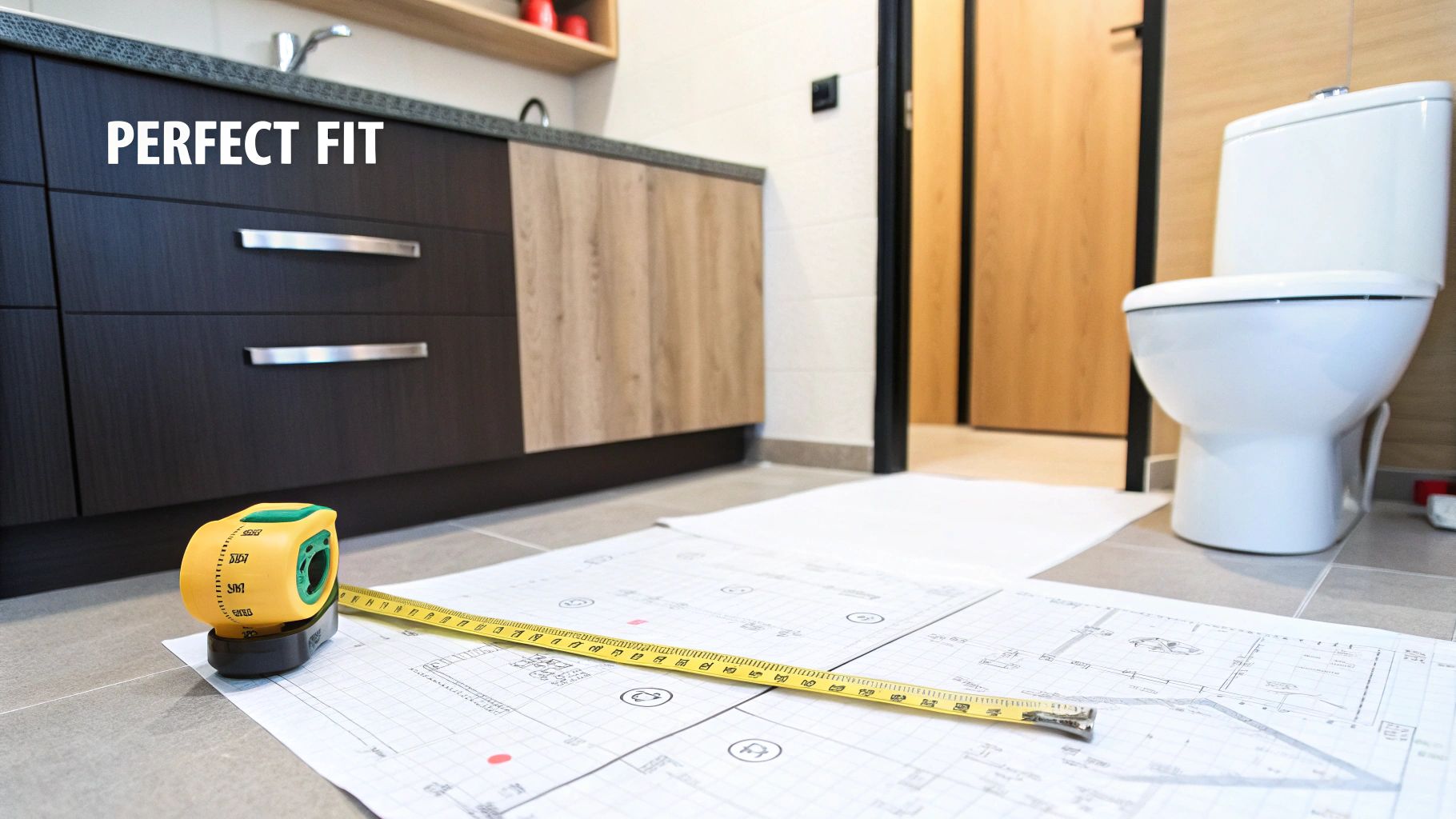 Architectural plans and a tape measure on the floor in a room with a toilet and cabinetry, highlighting a perfect fit.