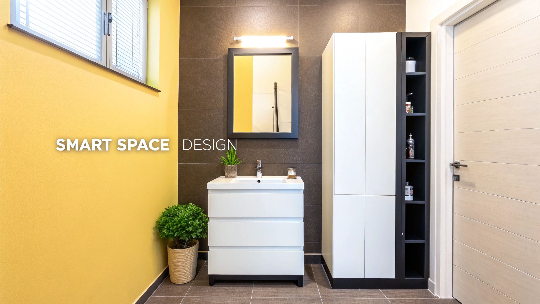 Modern white bathroom vanity with mirror and tall storage cabinet featuring smart space design