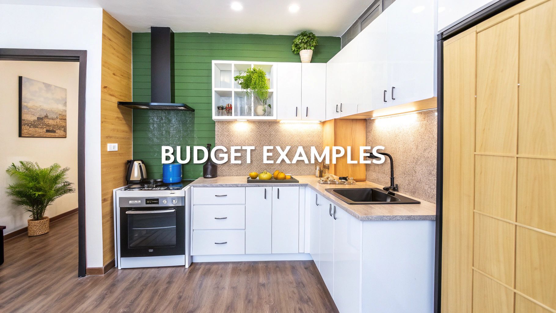 A bright and modern kitchen featuring green paneling, white cabinets, a black sink, and an oven.