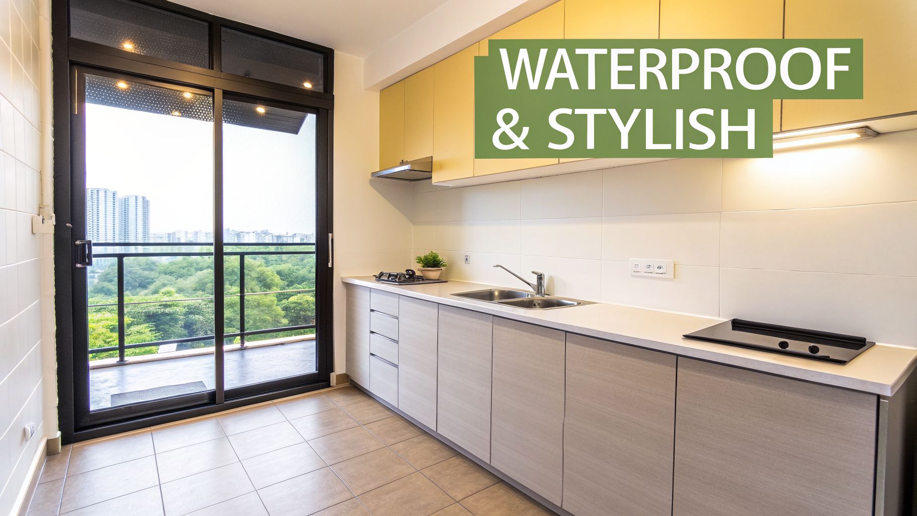 A stylish, modern kitchen featuring light wooden cabinets, a sink, and a sliding glass door to a balcony.
