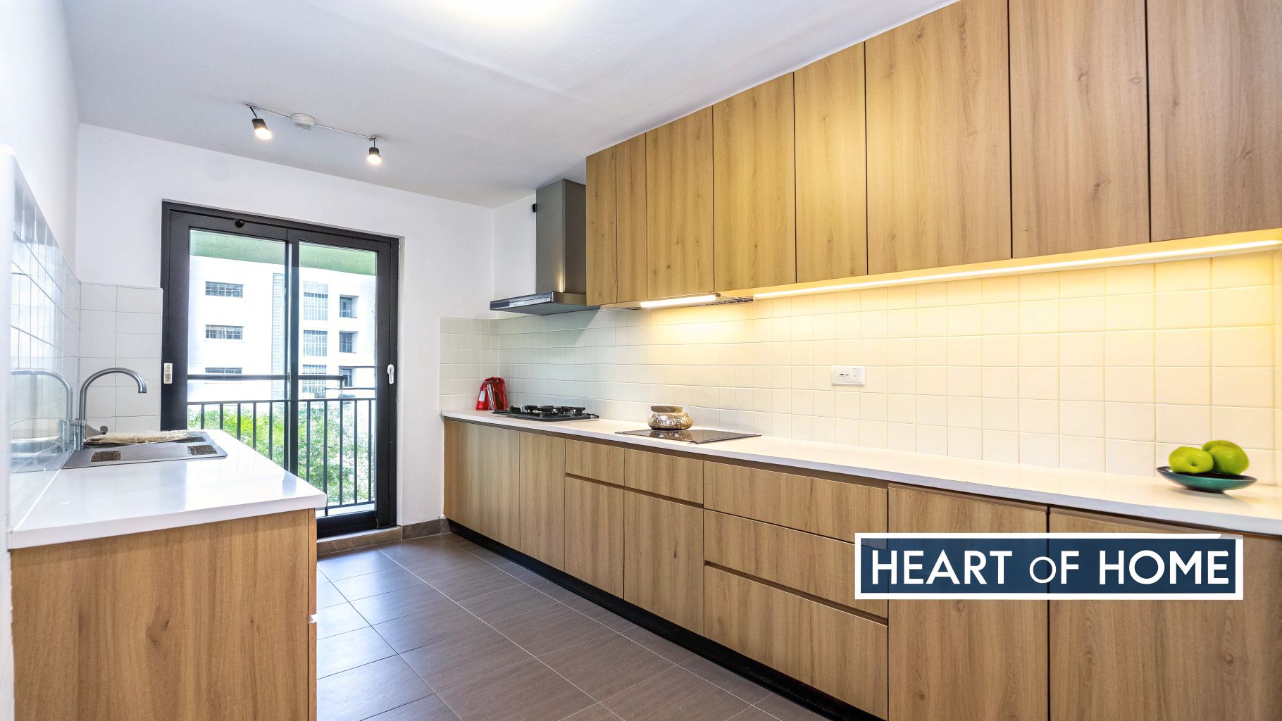Modern kitchen featuring light wood cabinets, white countertops, tile backsplash, and a balcony door.