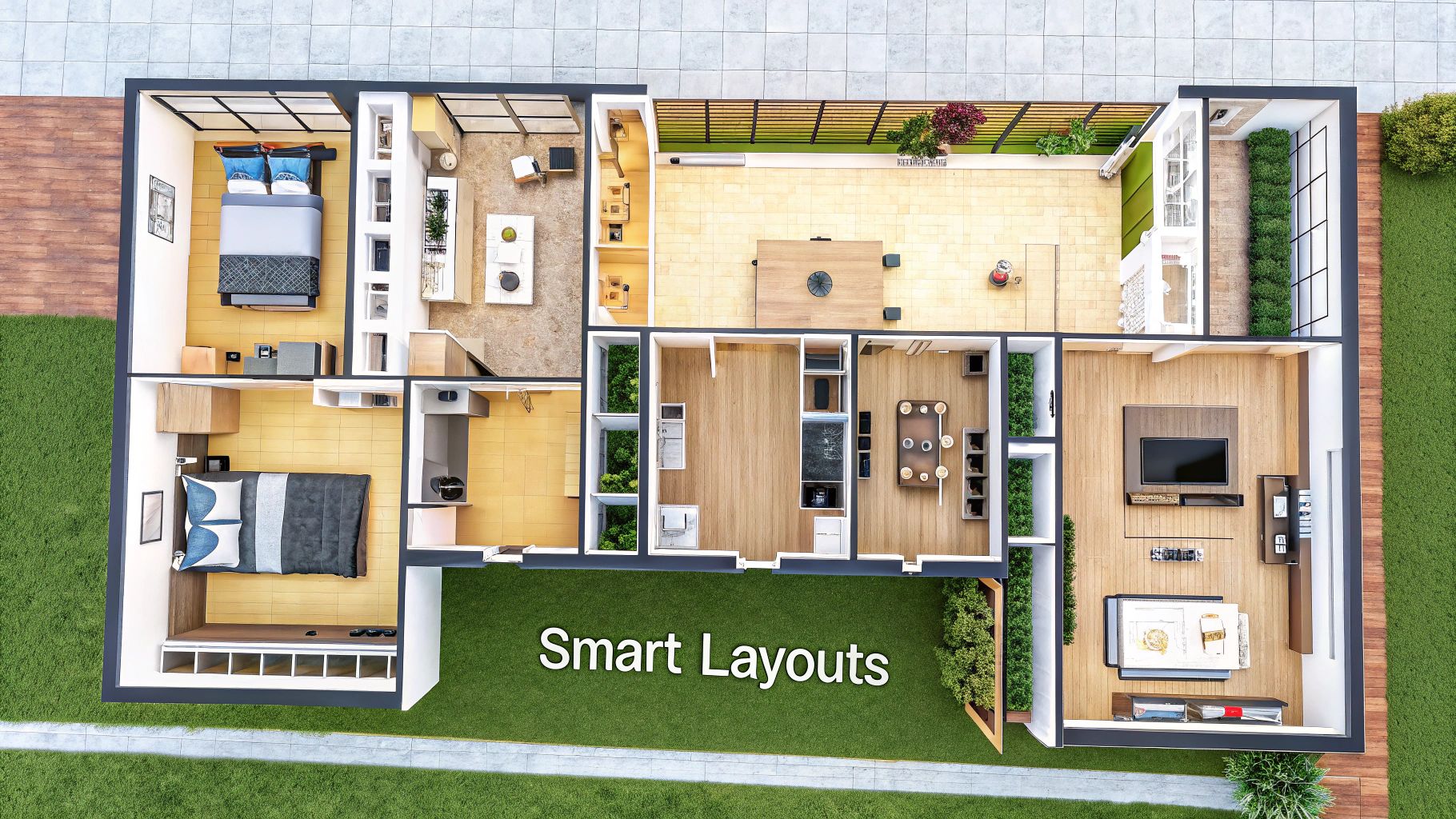 Top-down view of a modern house floor plan with multiple furnished rooms and outdoor areas.