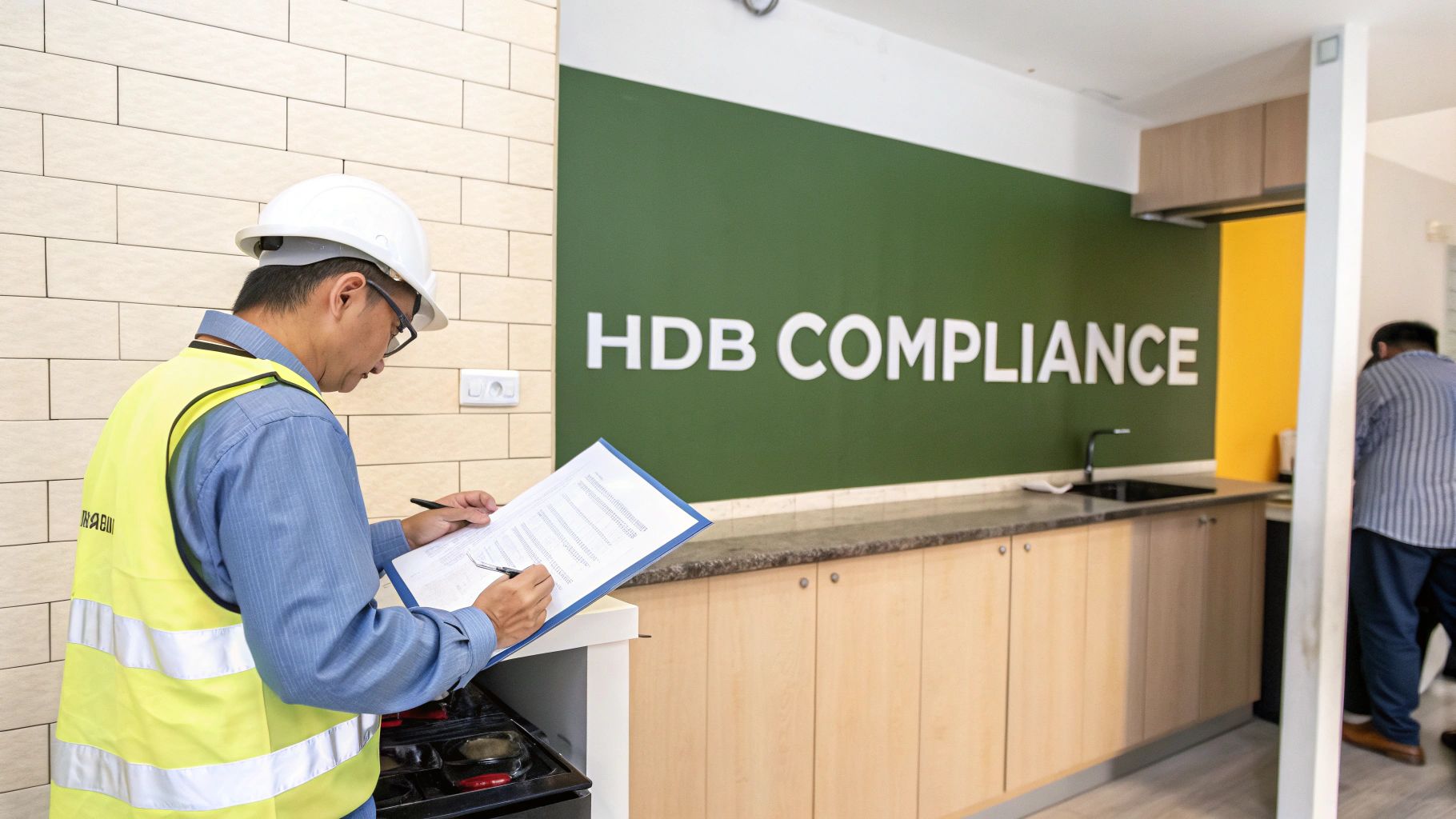 Inspector in safety vest checking HDB compliance requirements in modern Singapore kitchen with clipboard