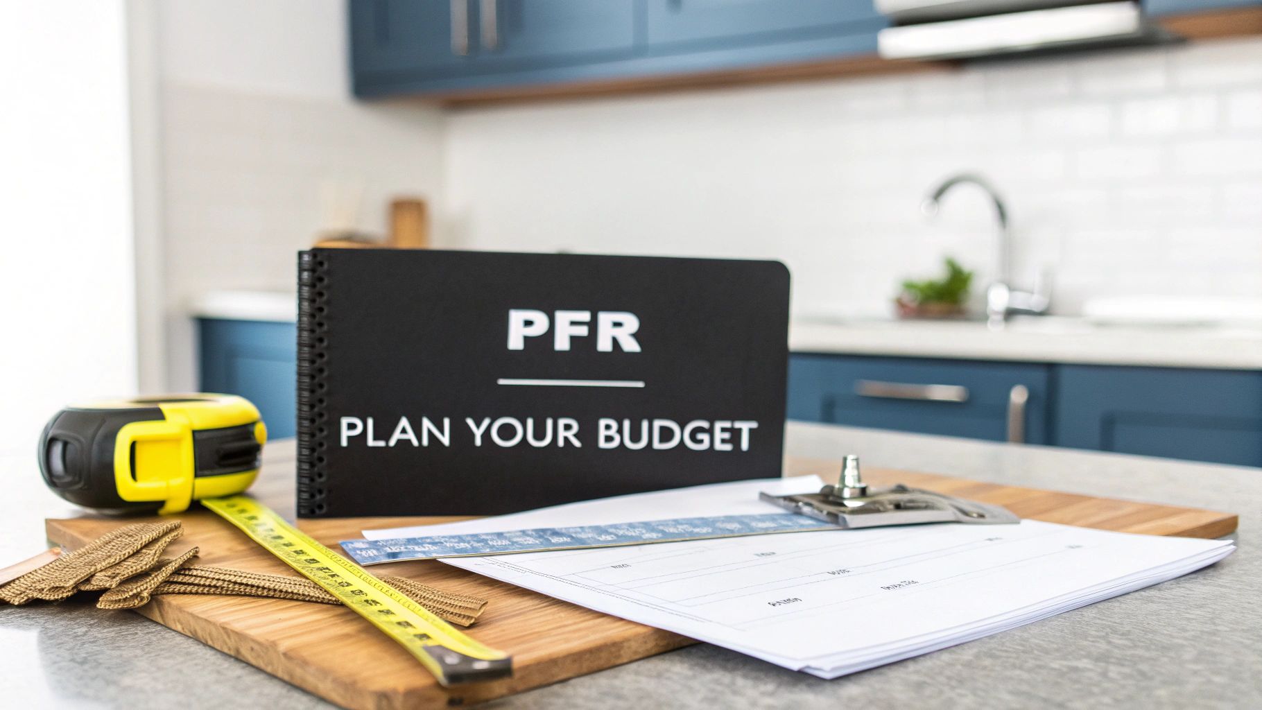 Kitchen renovation budget planning notebook with measuring tape and material samples on countertop