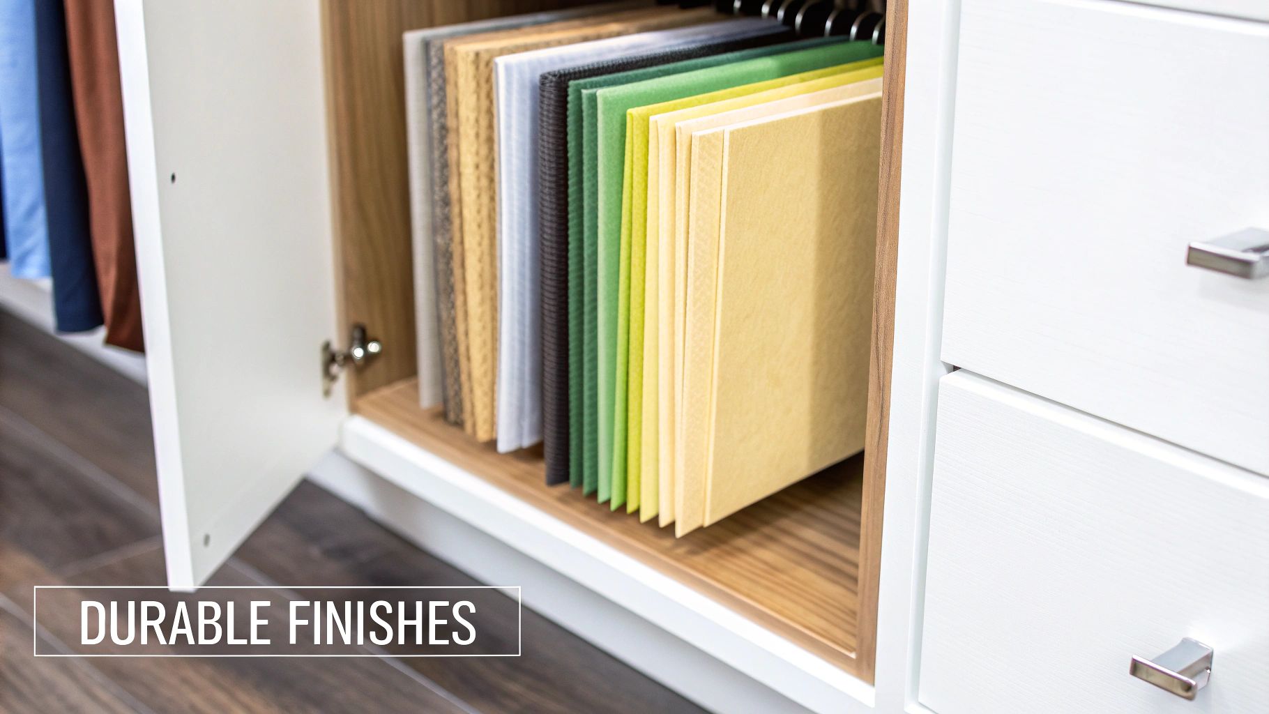 Open wardrobe cabinet showcasing a range of colorful and textured durable finish samples.