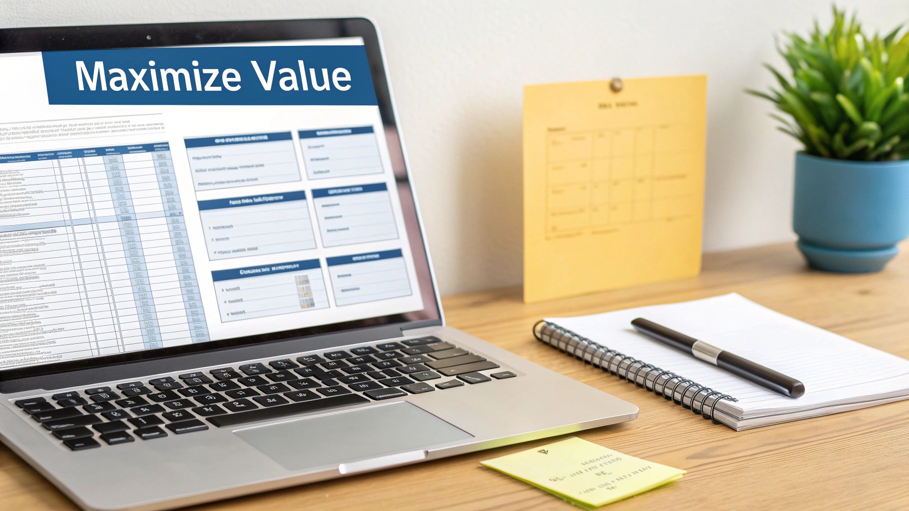 A laptop displaying a 'Maximize Value' spreadsheet, a calendar, notebook, and plant on a wooden desk.