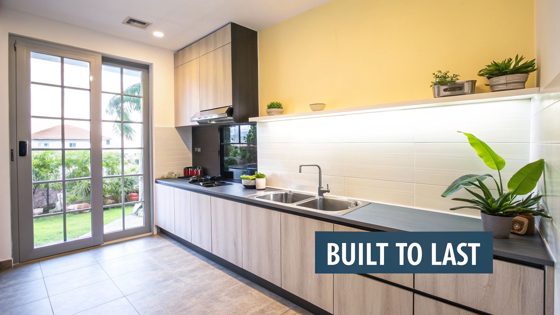 A modern and sleek aluminium kitchen cabinet in a Singaporean home, showcasing its clean lines and minimalist aesthetic.