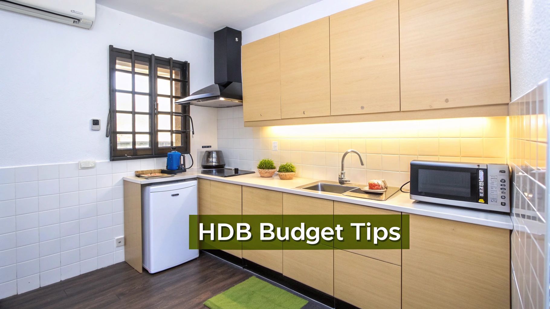 A compact and modern kitchen featuring light wood cabinets, a white tiled backsplash, essential appliances, and a window.