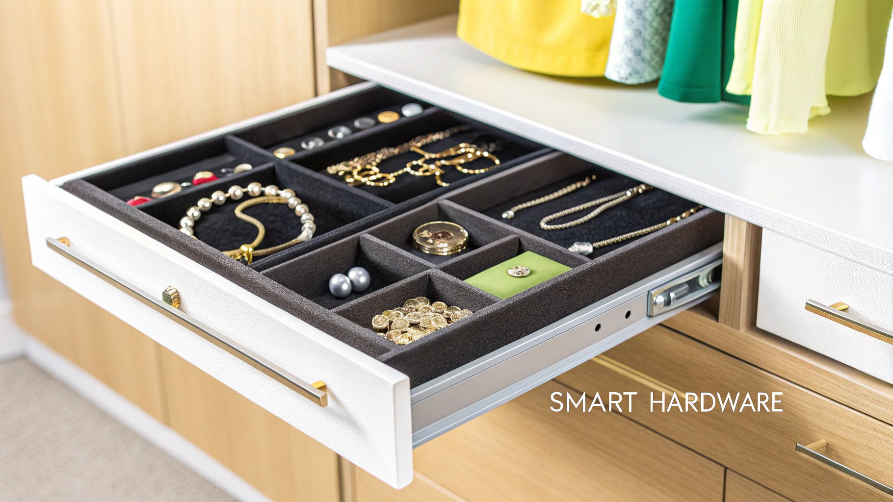 Open white wardrobe drawer with a modern handle, revealing neatly organized jewelry in felt compartments.