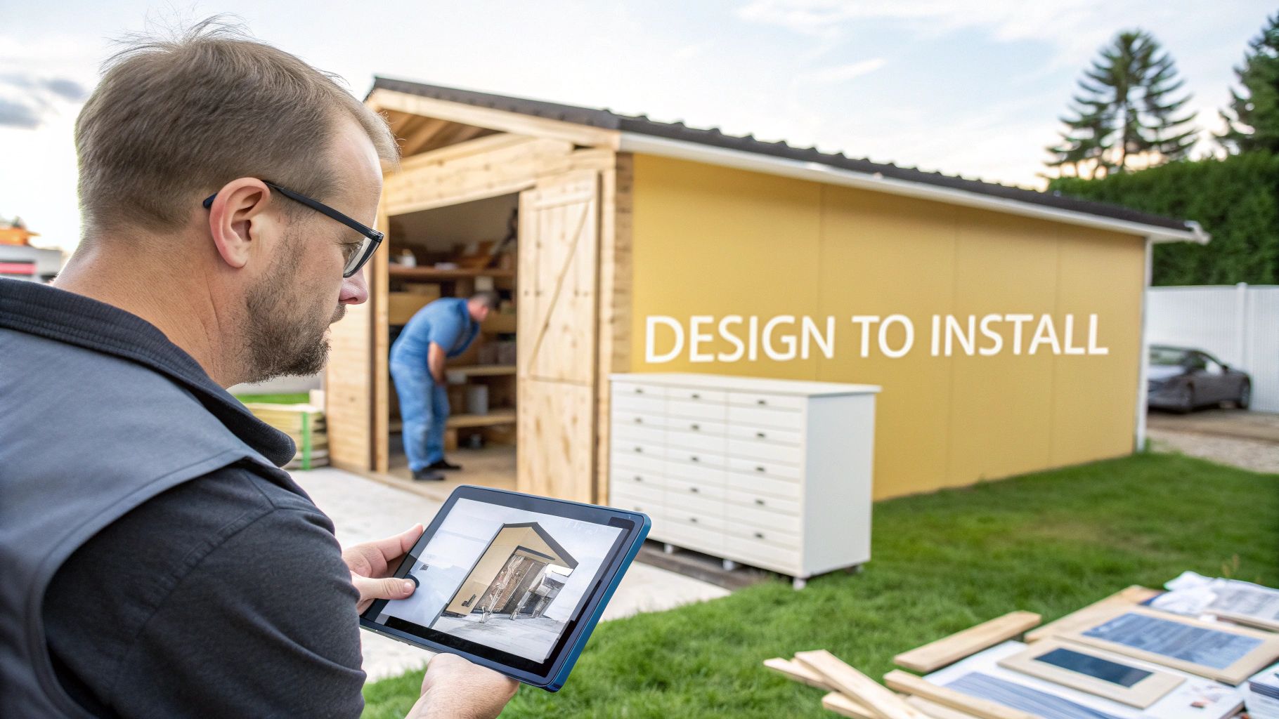 Man with tablet reviewing digital shed design plans during outdoor installation project